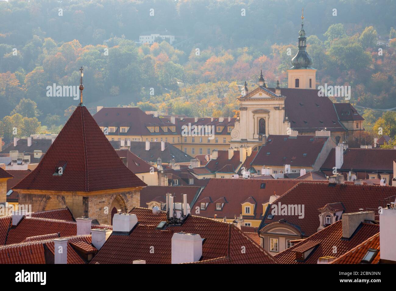 Praga - i tetti del quartiere piccolo e la chiesa barocca di over Lady vittorioso. Foto Stock