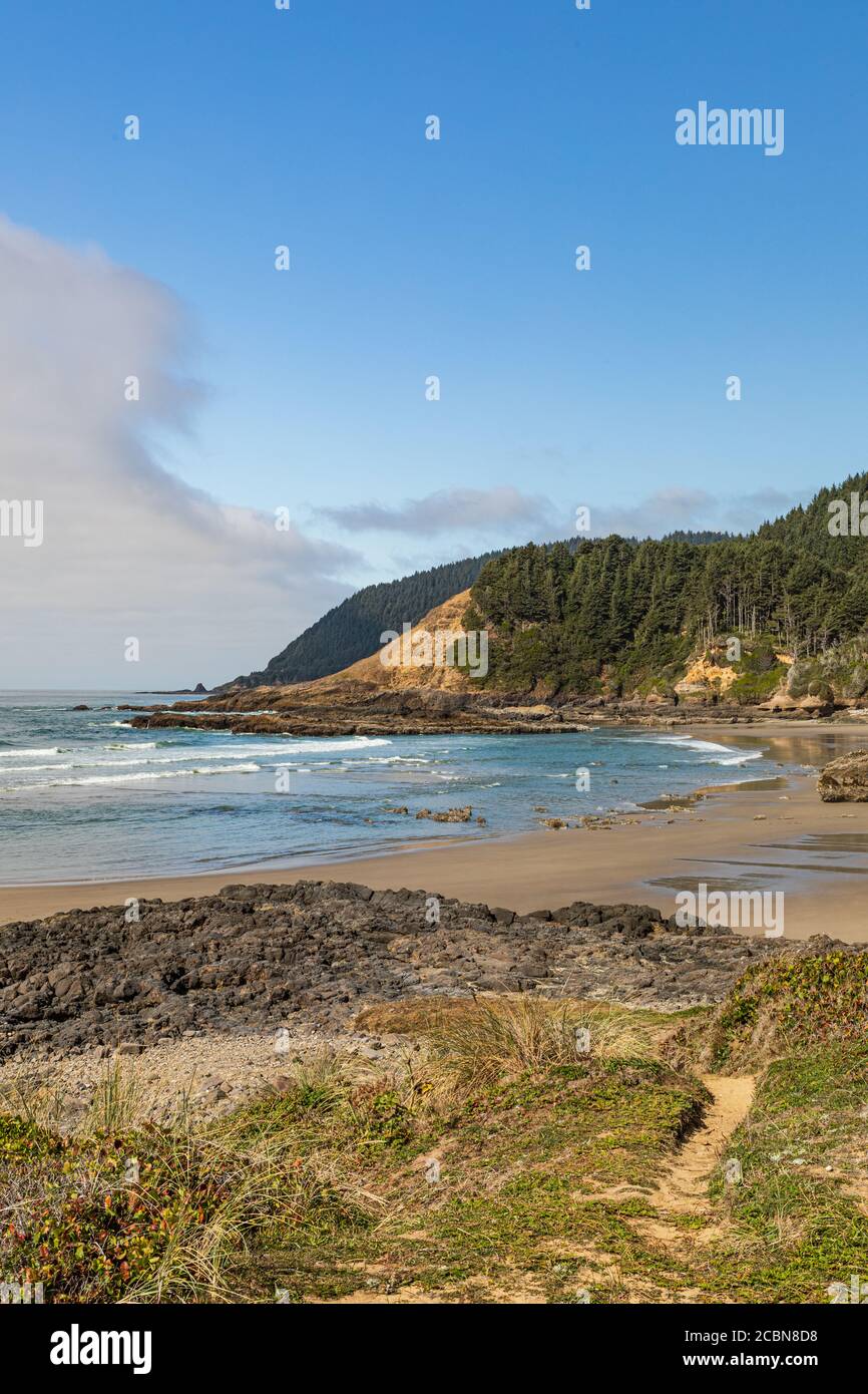 Vertical Image: Spiaggia sabbiosa e colline aspre lungo la costa dell'Oregon e un muro di nebbia appena fuori dalla costa. Foto Stock