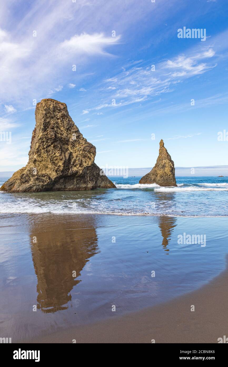Foto verticale - le pile di mare che si riflettono nell'acqua sopra Bandon Beach in Oregon con interessanti nuvole sopra Foto Stock