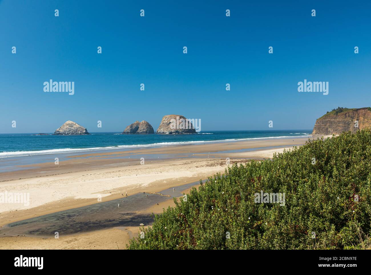 Sea Stacks si siedono in acqua al largo della spiaggia vicino Oceanside Oregon in una giornata di sole luminoso. Foto Stock