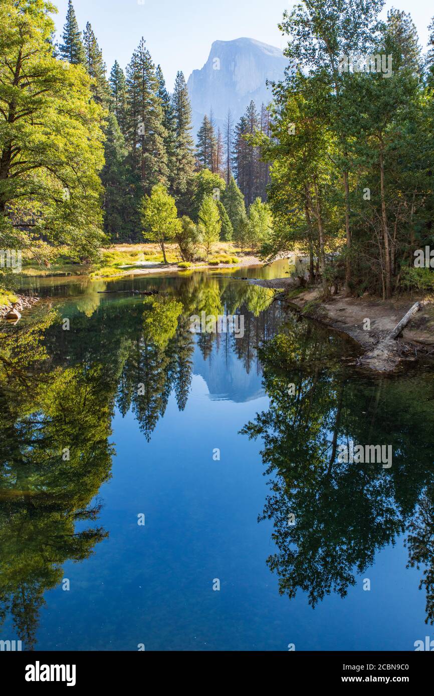 Immagine verticale - Mezza cupola che si riflette nell'acqua di Il fiume Merced nello Yosemite National Park in California Foto Stock
