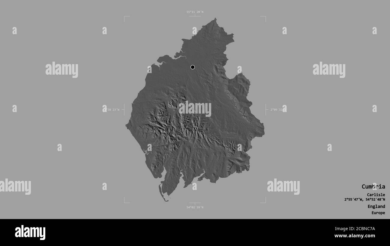 Area di Cumbria, contea amministrativa dell'Inghilterra, isolata su uno sfondo solido in una scatola di delimitazione georeferenziata. Etichette. Mappa elevazione bilivello. 3D r Foto Stock