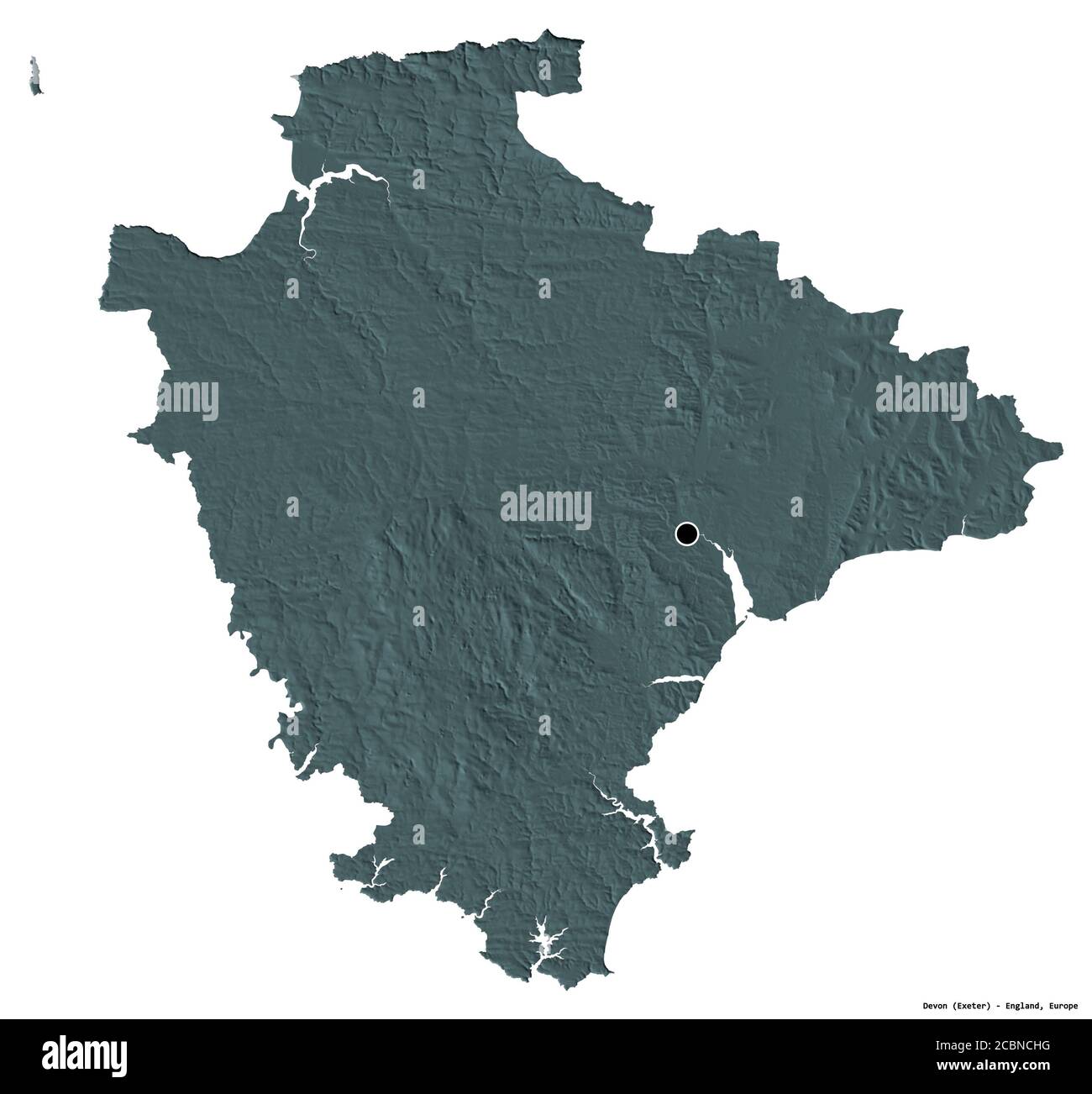 Forma del Devon, contea amministrativa dell'Inghilterra, con la sua capitale isolata su sfondo bianco. Mappa di elevazione colorata. Rendering 3D Foto Stock