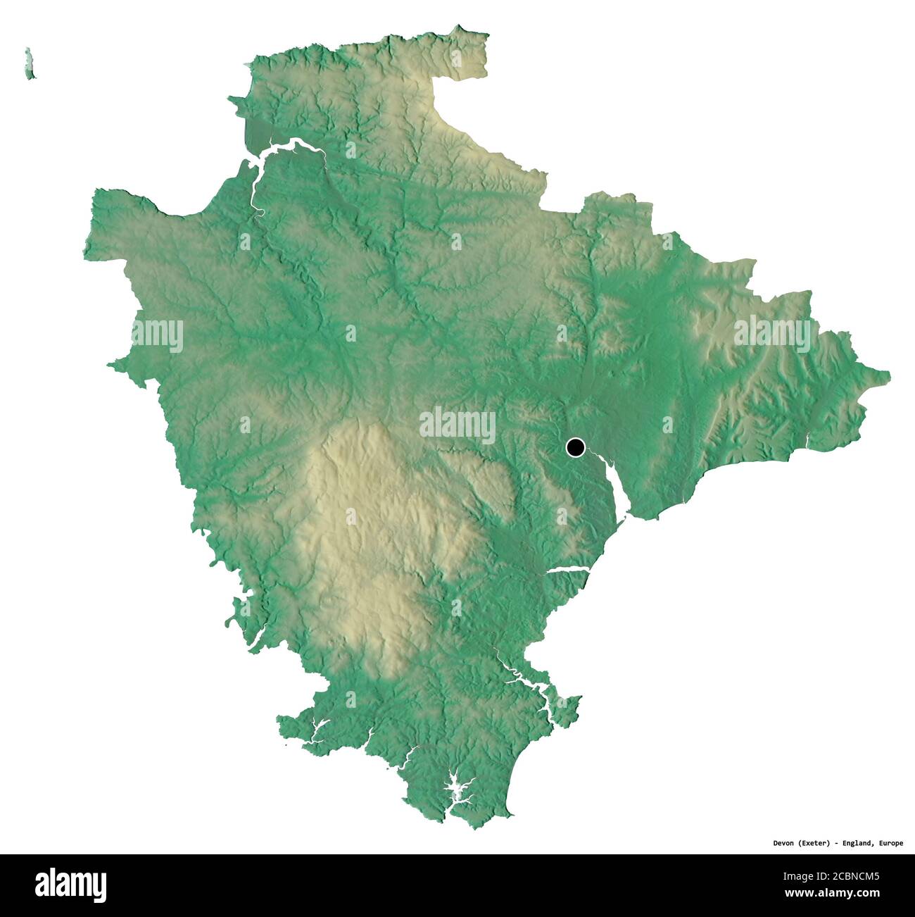 Forma del Devon, contea amministrativa dell'Inghilterra, con la sua capitale isolata su sfondo bianco. Mappa di rilievo topografico. Rendering 3D Foto Stock