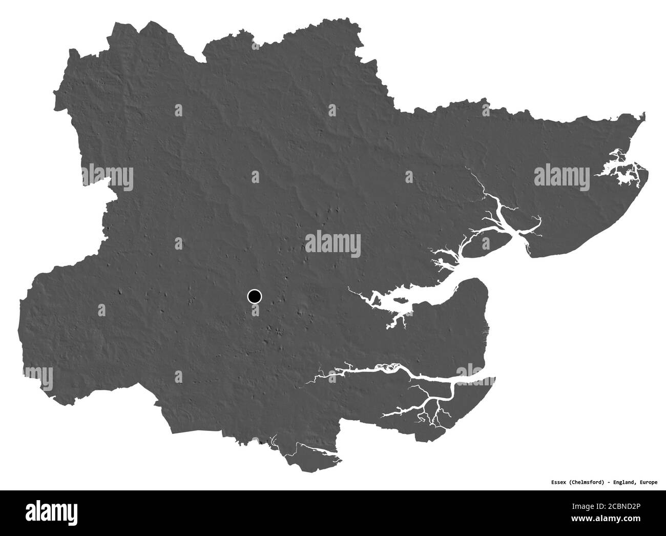 Forma dell'Essex, contea amministrativa dell'Inghilterra, con la sua capitale isolata su sfondo bianco. Mappa elevazione bilivello. Rendering 3D Foto Stock