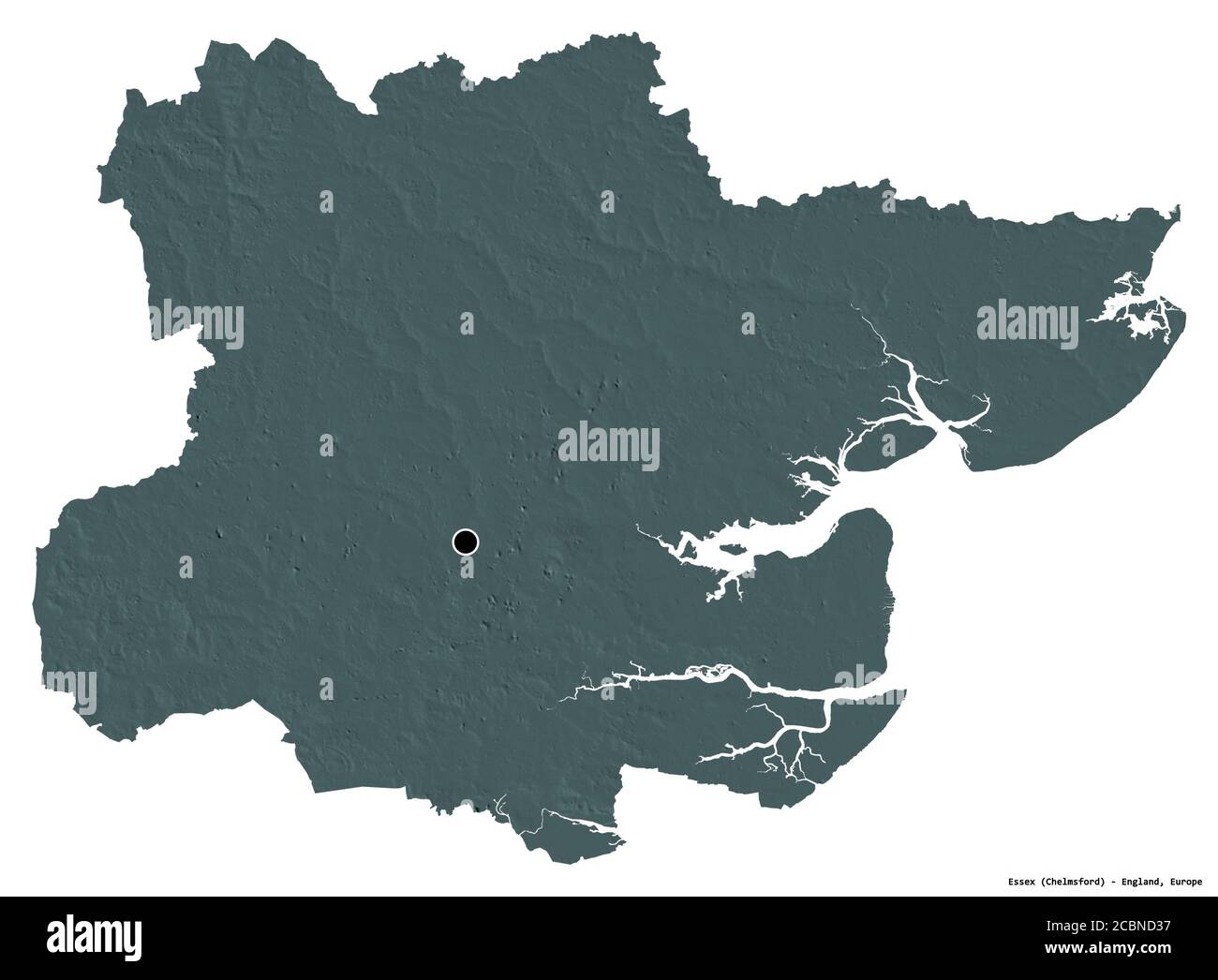 Forma dell'Essex, contea amministrativa dell'Inghilterra, con la sua capitale isolata su sfondo bianco. Mappa di elevazione colorata. Rendering 3D Foto Stock