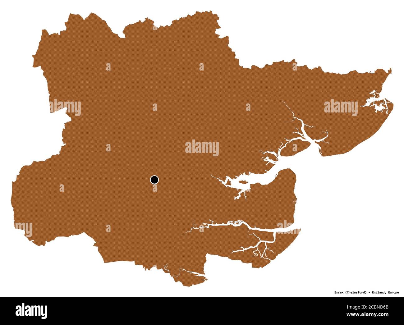 Forma dell'Essex, contea amministrativa dell'Inghilterra, con la sua capitale isolata su sfondo bianco. Composizione di texture con motivi. Rendering 3D Foto Stock