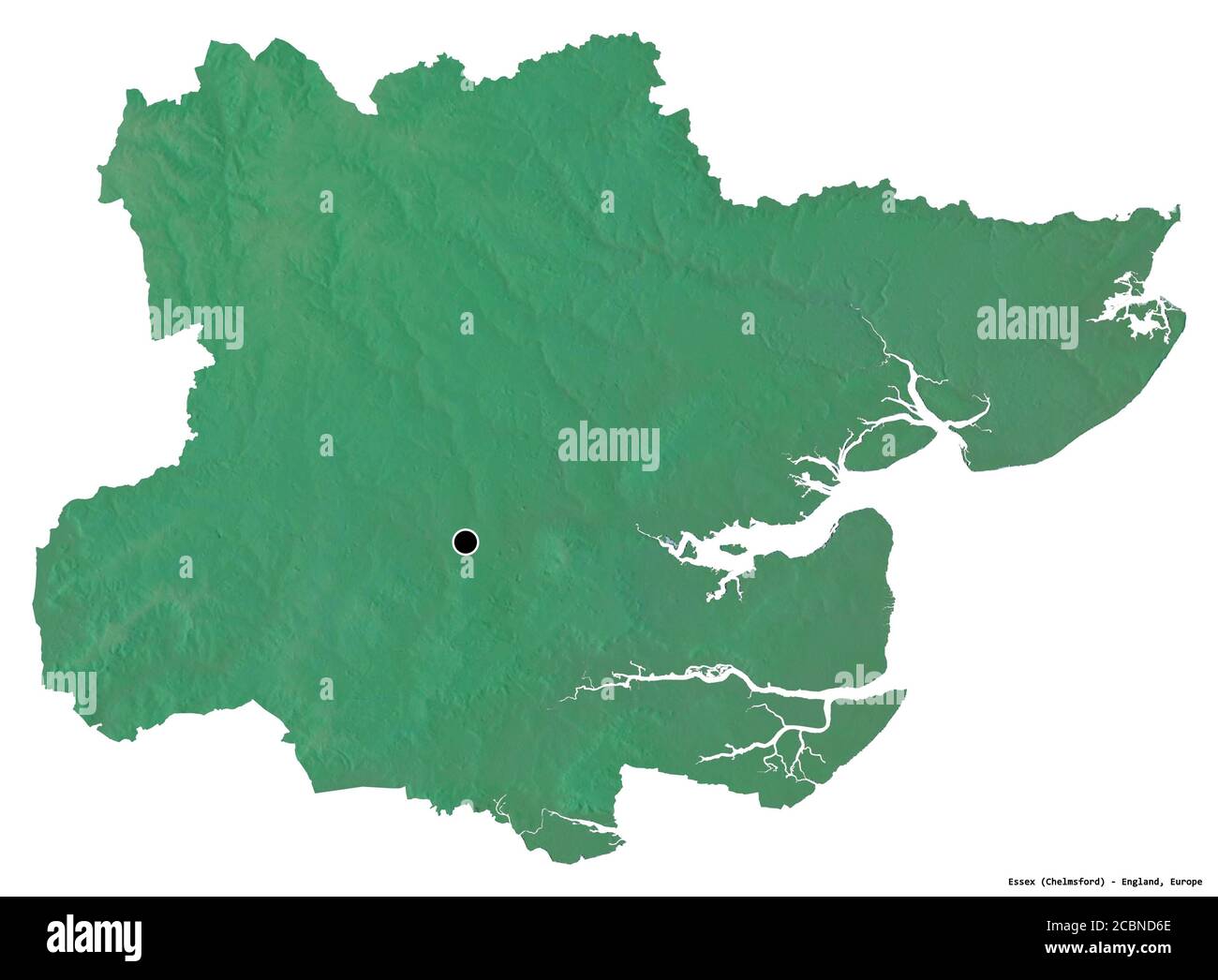 Forma dell'Essex, contea amministrativa dell'Inghilterra, con la sua capitale isolata su sfondo bianco. Mappa di rilievo topografico. Rendering 3D Foto Stock