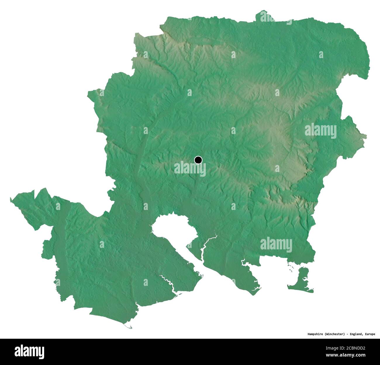 Forma dell'Hampshire, contea amministrativa dell'Inghilterra, con la sua capitale isolata su sfondo bianco. Mappa di rilievo topografico. Rendering 3D Foto Stock