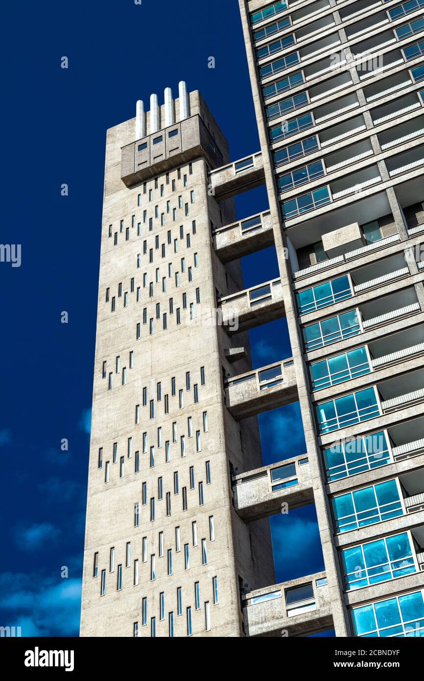 Edificio residenziale alto e in stile brutale, la Torre Balfron dell'architetto Ernő Goldfinger alla Brownfield Estate di Londra, Regno Unito Foto Stock
