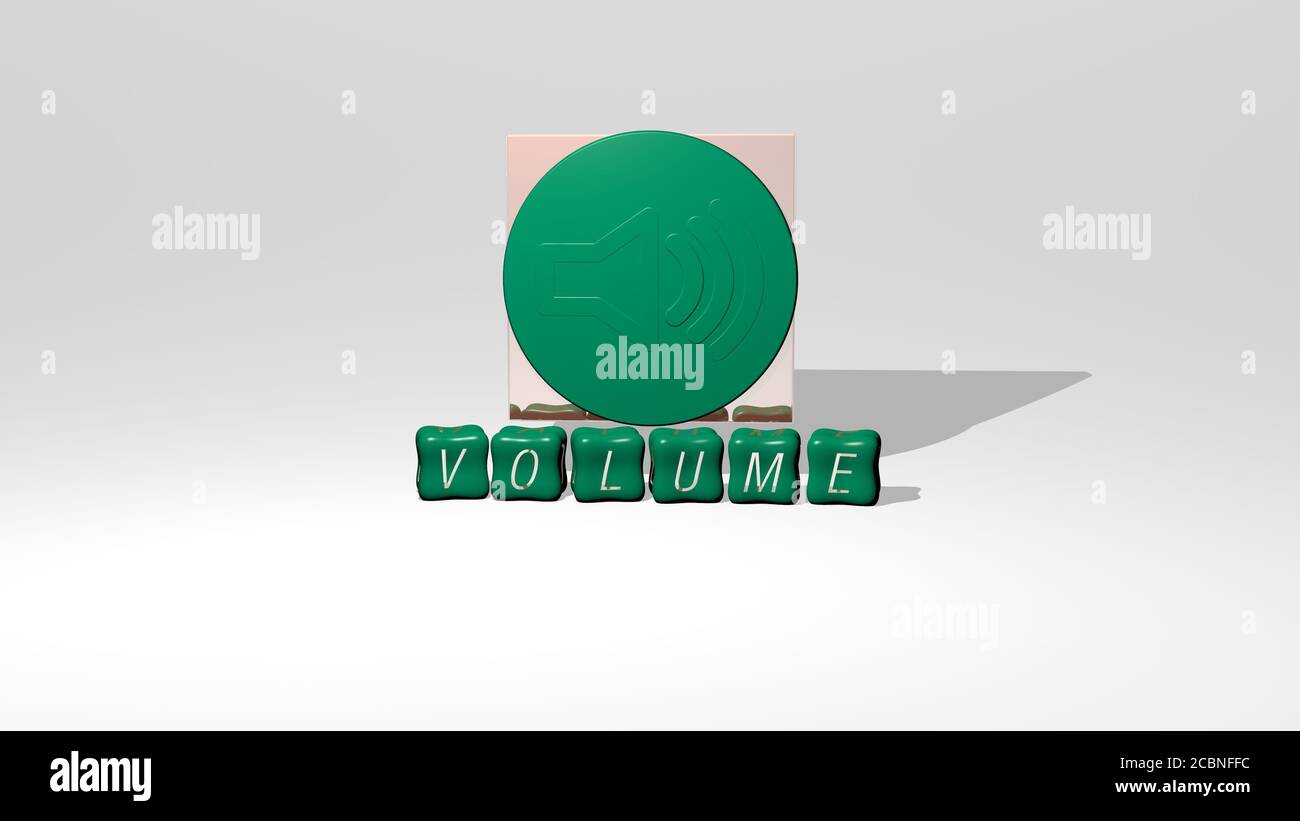 Rappresentazione 3D DEL VOLUME con icona sulla parete e. testo disposto da lettere cubiche metalliche su un pavimento a specchio per il significato concettuale e la presentazione di presentazione per illustrazione e sfondo Foto Stock