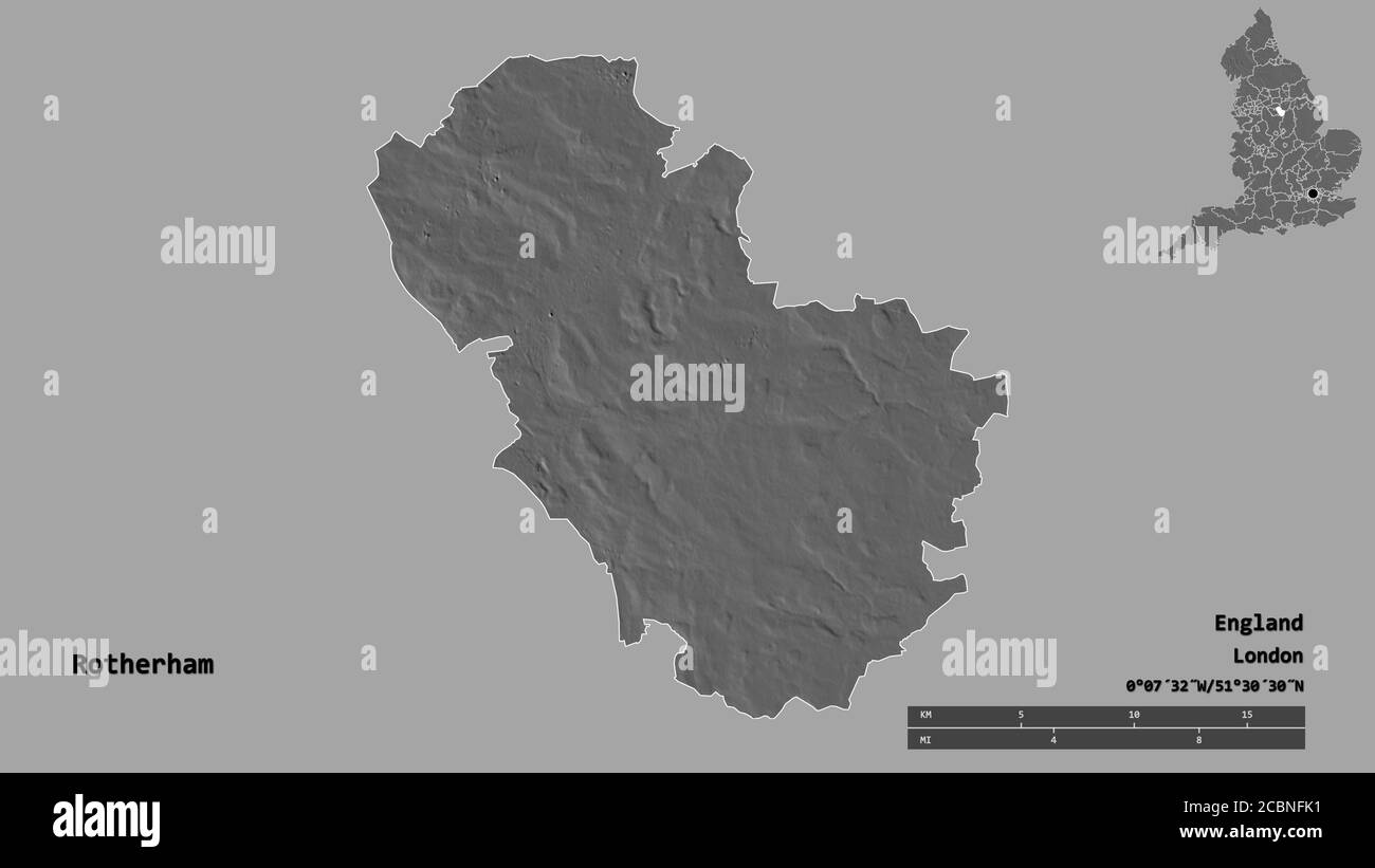 Forma di Rotherham, contea amministrativa dell'Inghilterra, con la sua capitale isolata su solido sfondo. Scala della distanza, anteprima della regione ed etichette. Bileve Foto Stock