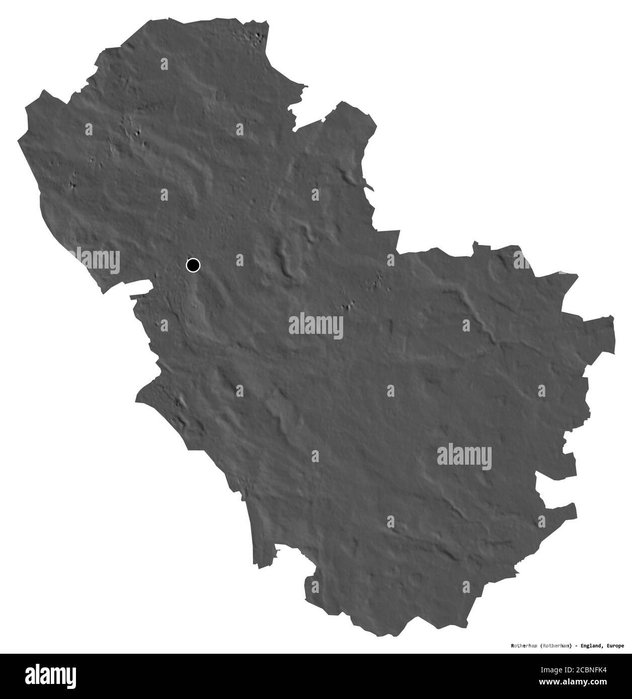 Forma di Rotherham, contea amministrativa dell'Inghilterra, con la sua capitale isolata su sfondo bianco. Mappa elevazione bilivello. Rendering 3D Foto Stock