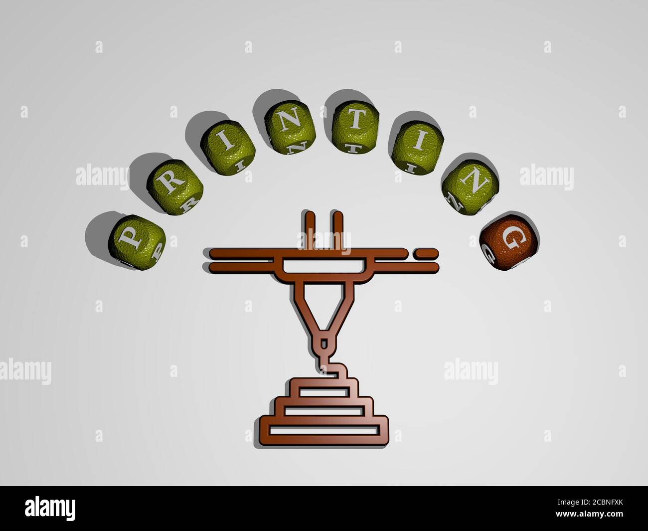 Icona DI STAMPA circondata dal testo di singole lettere, illustrazione 3D per sfondo e disegno Foto Stock