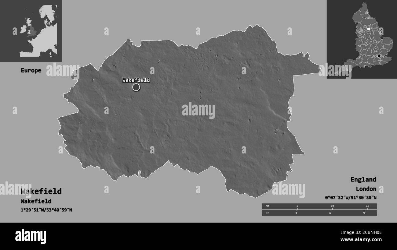 Forma di Wakefield, autorità unitaria dell'Inghilterra, e la sua capitale. Scala della distanza, anteprime ed etichette. Mappa elevazione bilivello. Rendering 3D Foto Stock