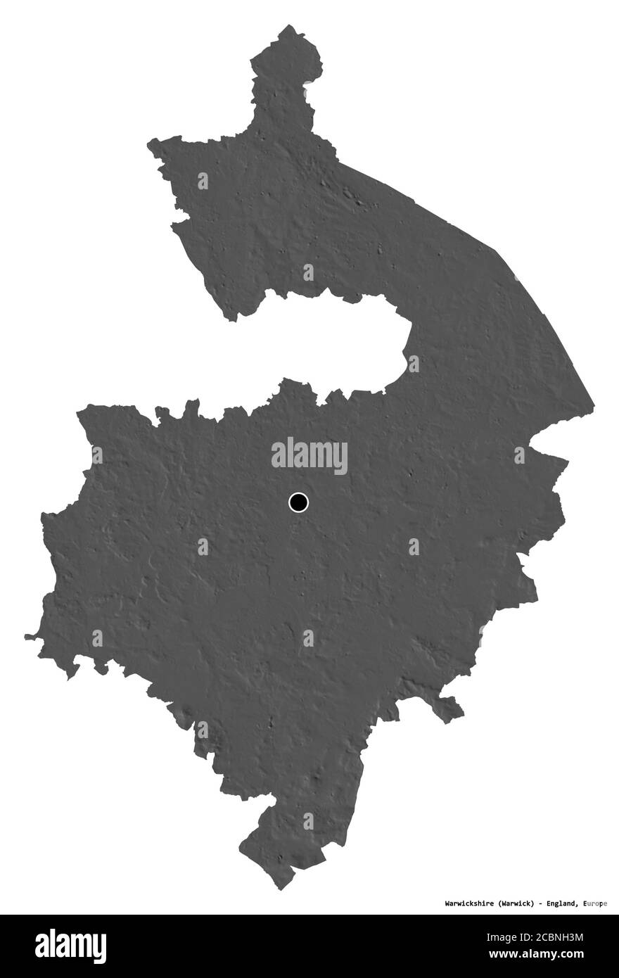 Forma del Warwickshire, contea amministrativa dell'Inghilterra, con la sua capitale isolata su sfondo bianco. Mappa elevazione bilivello. Rendering 3D Foto Stock