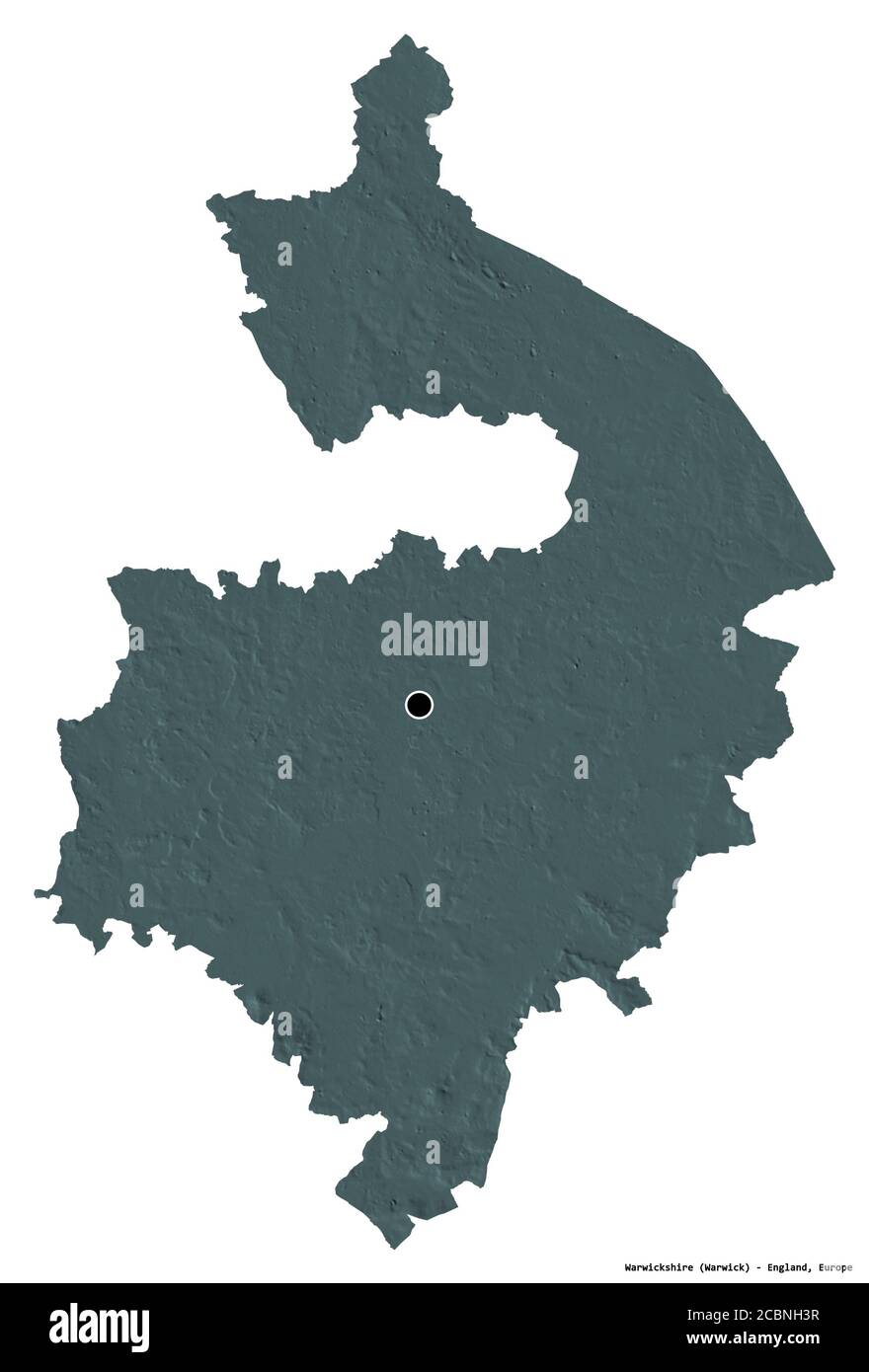 Forma del Warwickshire, contea amministrativa dell'Inghilterra, con la sua capitale isolata su sfondo bianco. Mappa di elevazione colorata. Rendering 3D Foto Stock