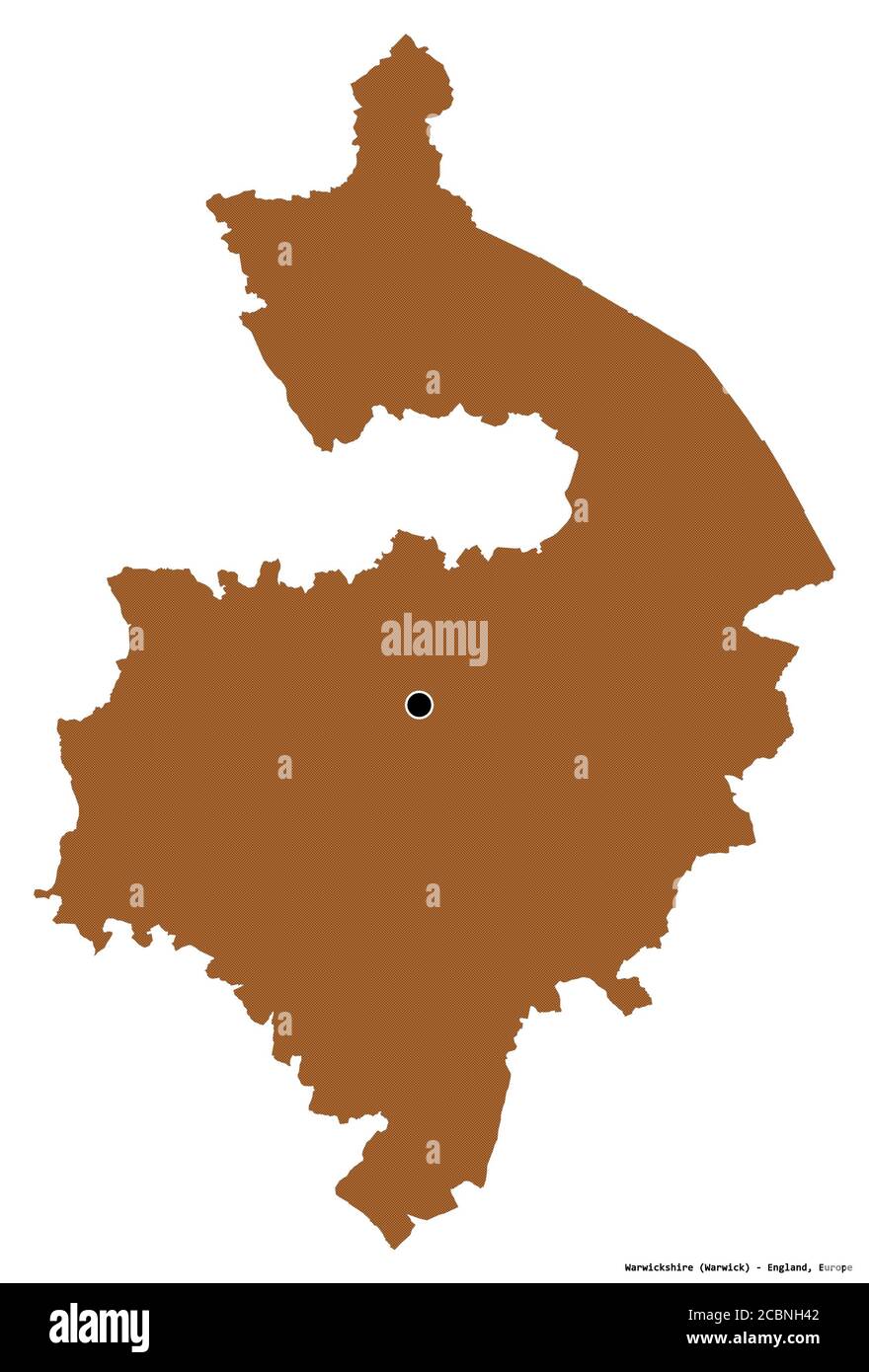 Forma del Warwickshire, contea amministrativa dell'Inghilterra, con la sua capitale isolata su sfondo bianco. Composizione di texture con motivi. Rendering 3D Foto Stock