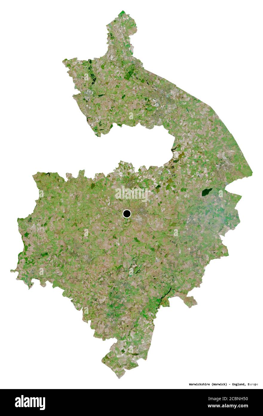 Forma del Warwickshire, contea amministrativa dell'Inghilterra, con la sua capitale isolata su sfondo bianco. Immagini satellitari. Rendering 3D Foto Stock