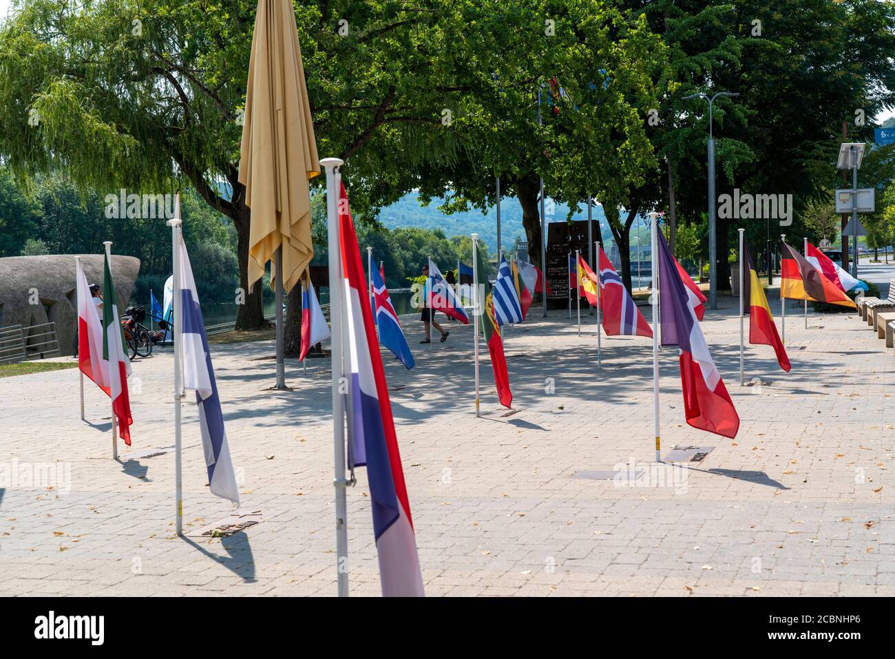 La città di Schengen, sulla Mosella, nel Granducato del Lussemburgo, dove è stato firmato l'accordo di Schengen del 1985, Monumento europeo alla Muse Foto Stock