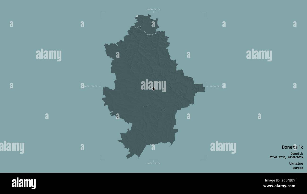 Area di Donets'k, regione dell'Ucraina, isolata su uno sfondo solido in una scatola di delimitazione georeferenziata. Etichette. Mappa di elevazione colorata. Rendering 3D Foto Stock