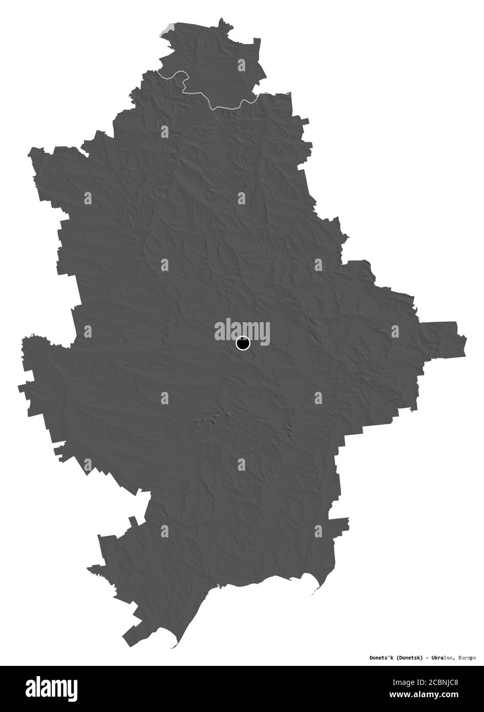 Forma di Donets'k, regione dell'Ucraina, con la sua capitale isolata su sfondo bianco. Mappa elevazione bilivello. Rendering 3D Foto Stock