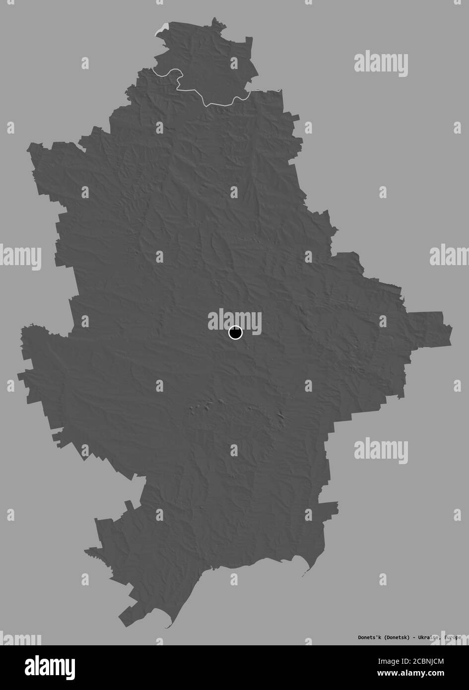 Forma di Donets'k, regione dell'Ucraina, con la sua capitale isolata su uno sfondo di colore pieno. Mappa elevazione bilivello. Rendering 3D Foto Stock