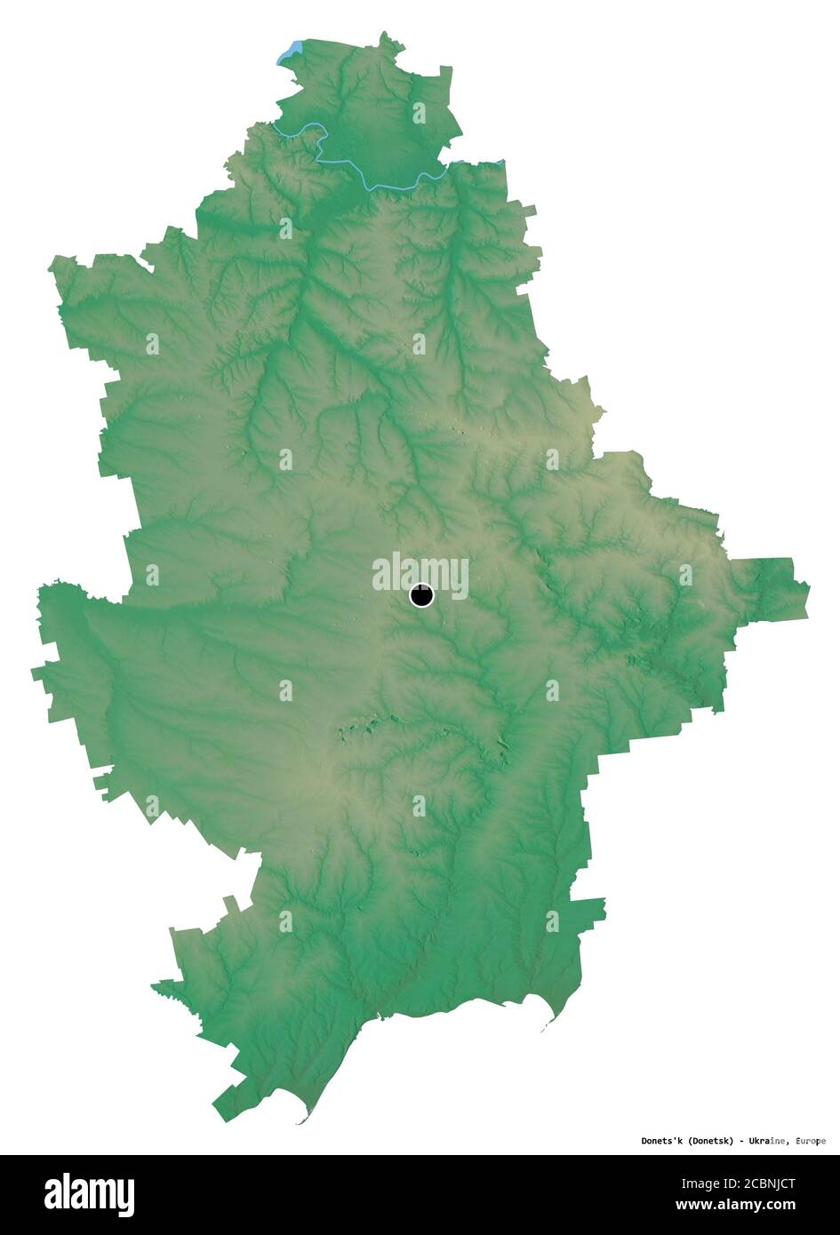 Forma di Donets'k, regione dell'Ucraina, con la sua capitale isolata su sfondo bianco. Mappa di rilievo topografico. Rendering 3D Foto Stock