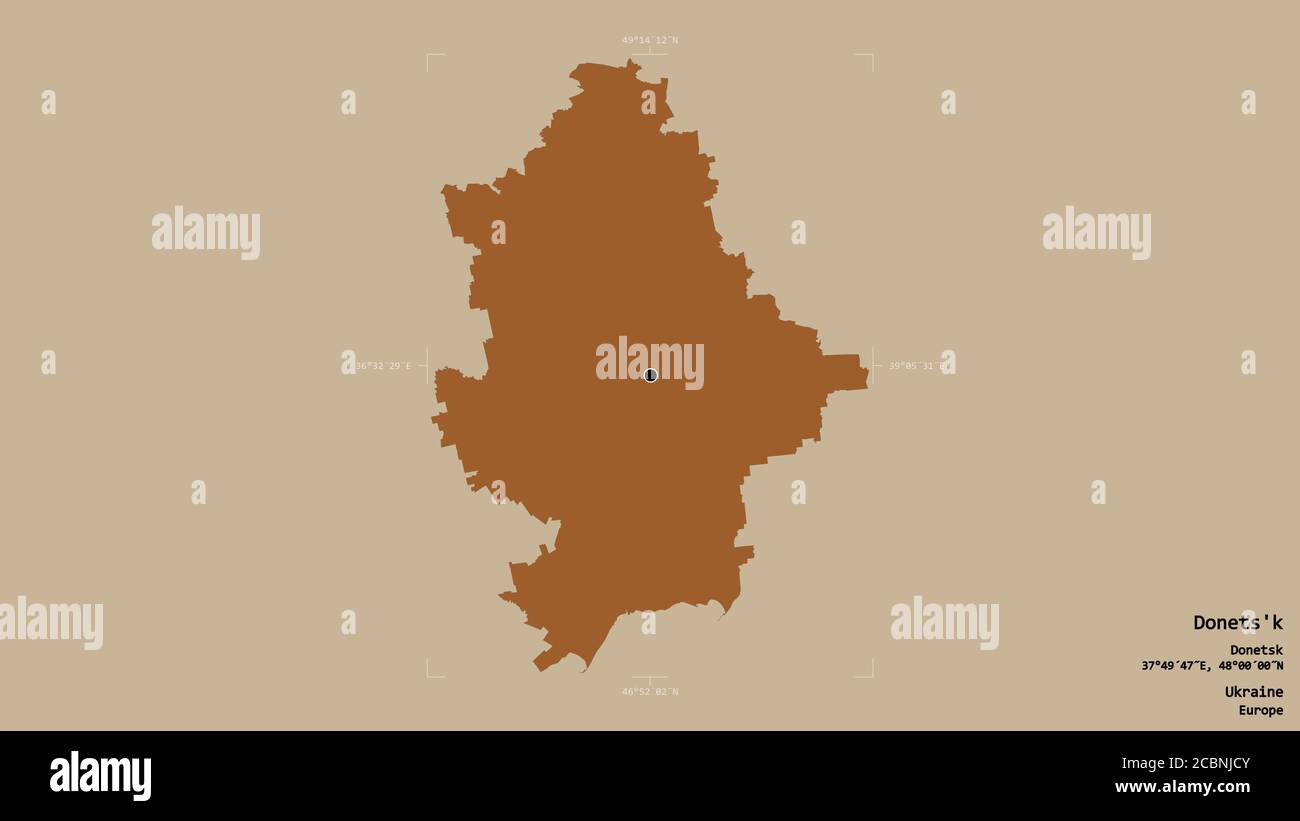 Area di Donets'k, regione dell'Ucraina, isolata su uno sfondo solido in una scatola di delimitazione georeferenziata. Etichette. Composizione di texture con motivi. 3D ren Foto Stock