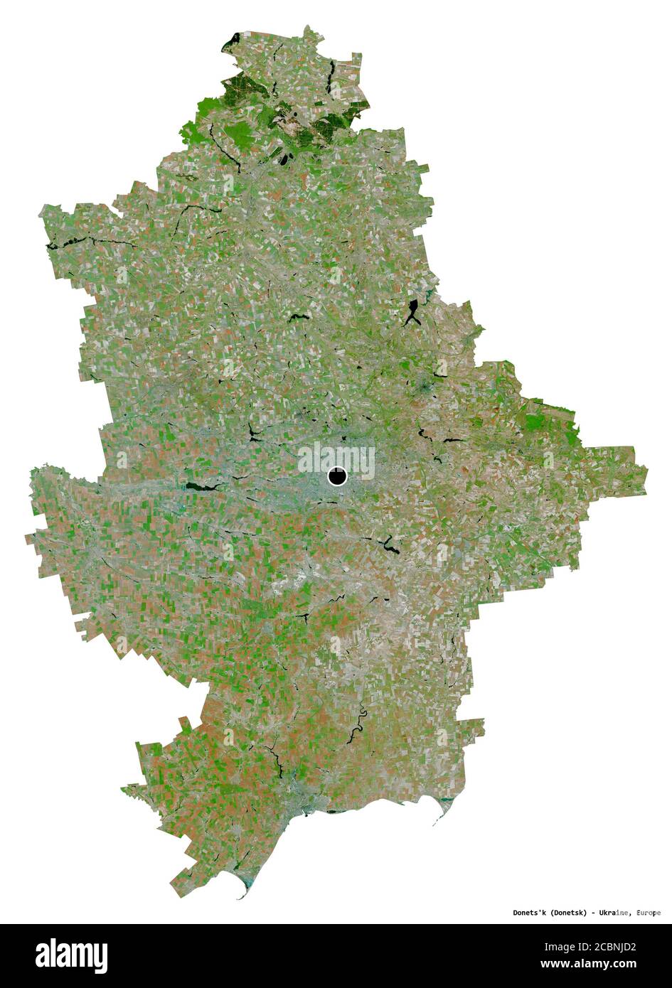 Forma di Donets'k, regione dell'Ucraina, con la sua capitale isolata su sfondo bianco. Immagini satellitari. Rendering 3D Foto Stock