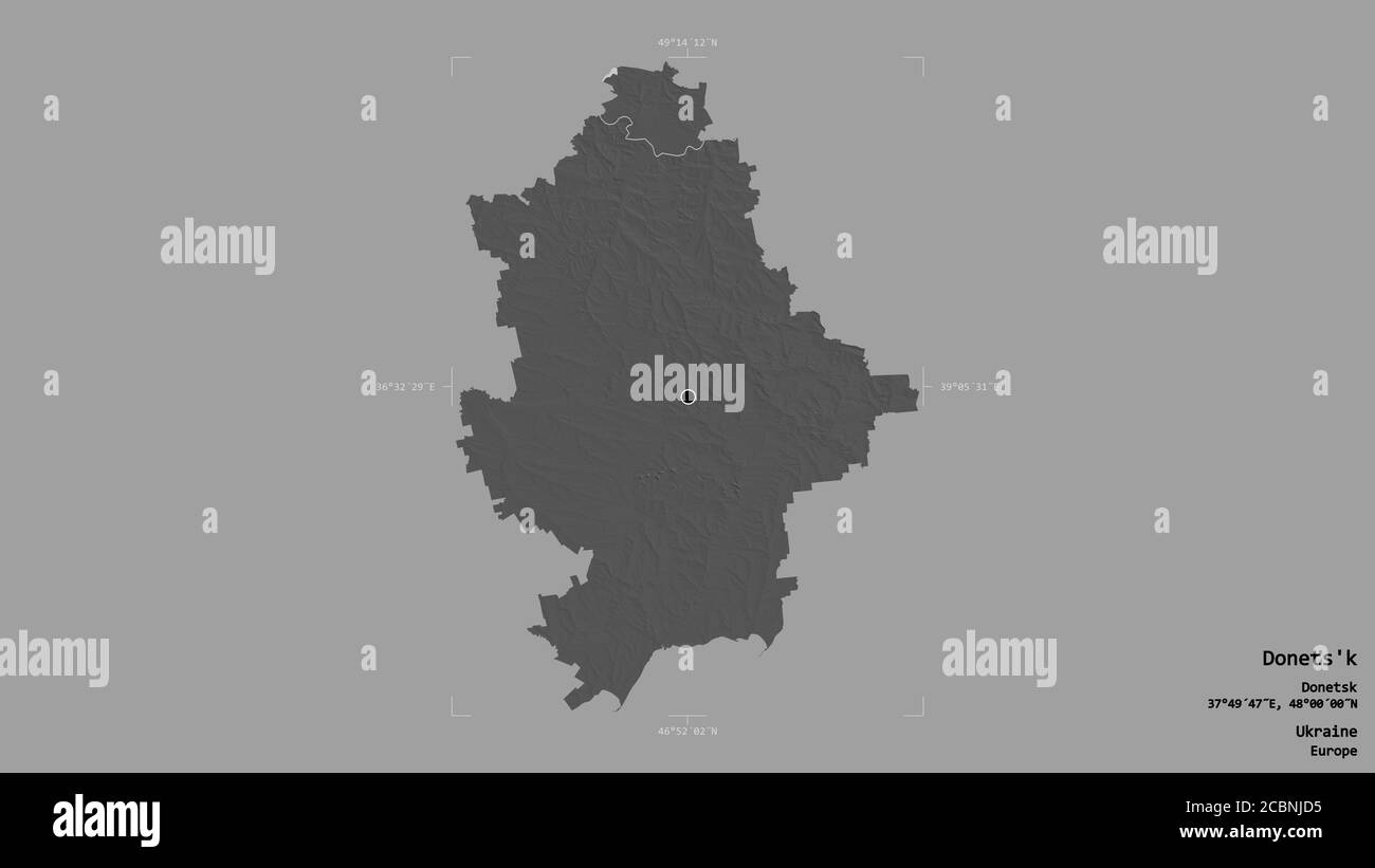 Area di Donets'k, regione dell'Ucraina, isolata su uno sfondo solido in una scatola di delimitazione georeferenziata. Etichette. Mappa elevazione bilivello. Rendering 3D Foto Stock
