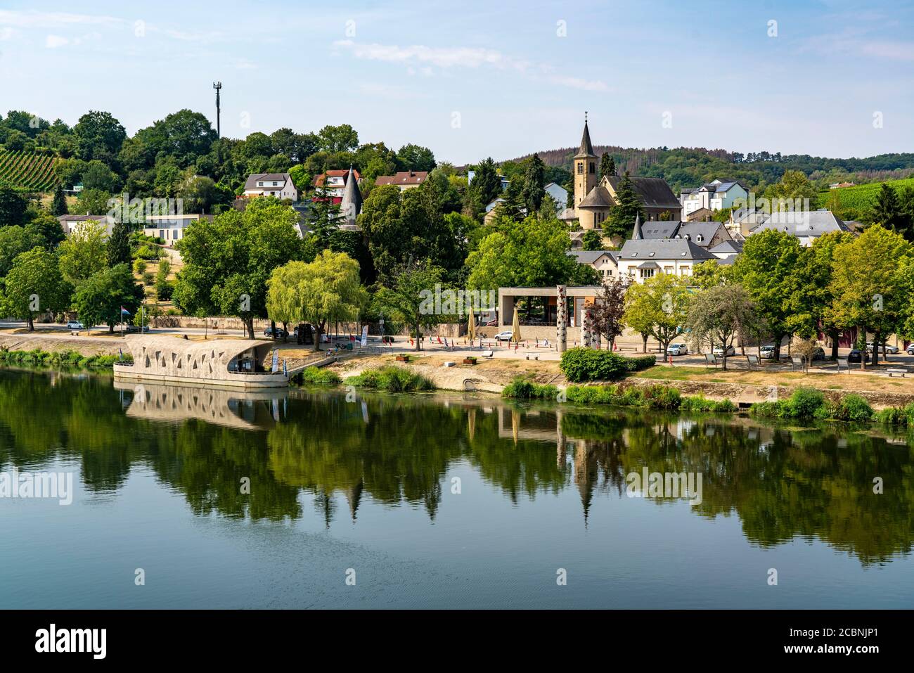 La località Schengen, sulla Mosella, nel Granducato del Lussemburgo, dove è stato firmato l'accordo di Schengen del 1985; Foto Stock