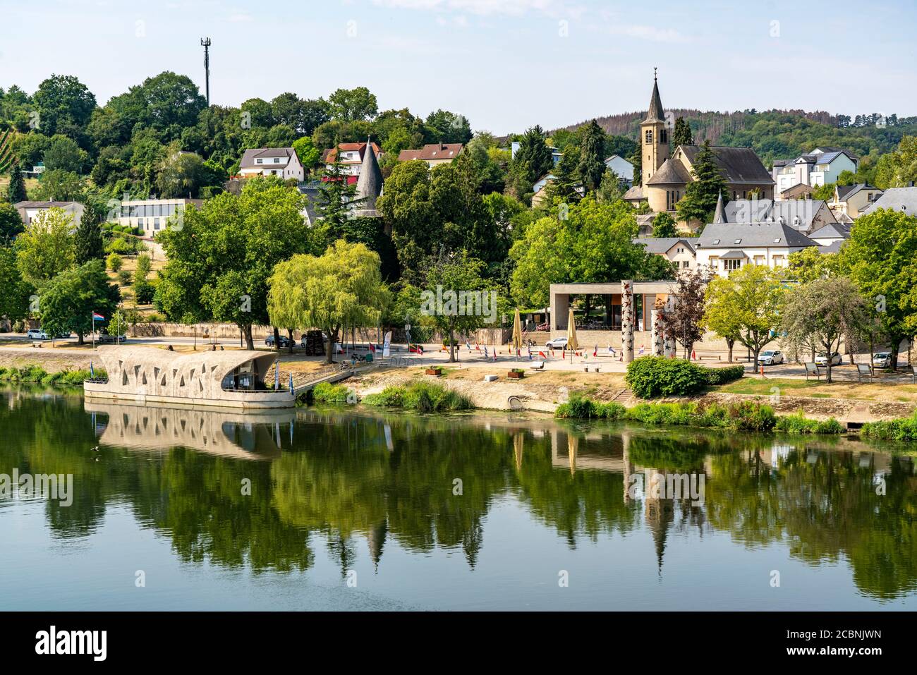 La località Schengen, sulla Mosella, nel Granducato del Lussemburgo, dove è stato firmato l'accordo di Schengen del 1985; Foto Stock
