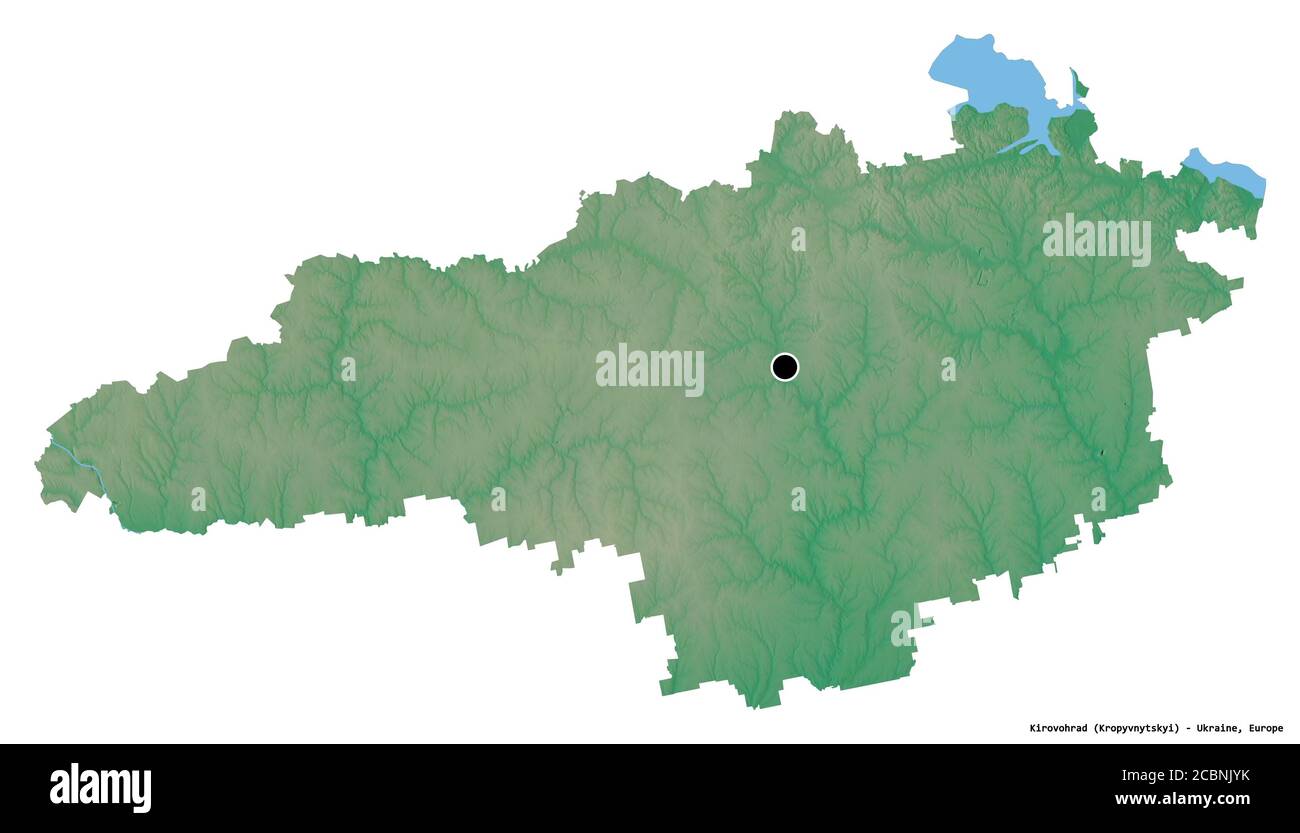 Forma di Kirovohrad, regione dell'Ucraina, con la sua capitale isolata su sfondo bianco. Mappa di rilievo topografico. Rendering 3D Foto Stock