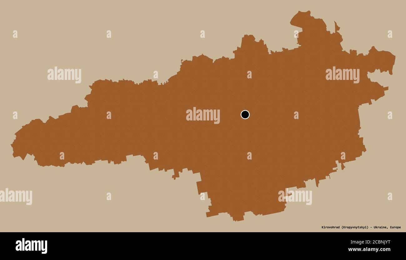 Forma di Kirovohrad, regione dell'Ucraina, con la sua capitale isolata su uno sfondo di colore pieno. Composizione di texture con motivi. Rendering 3D Foto Stock