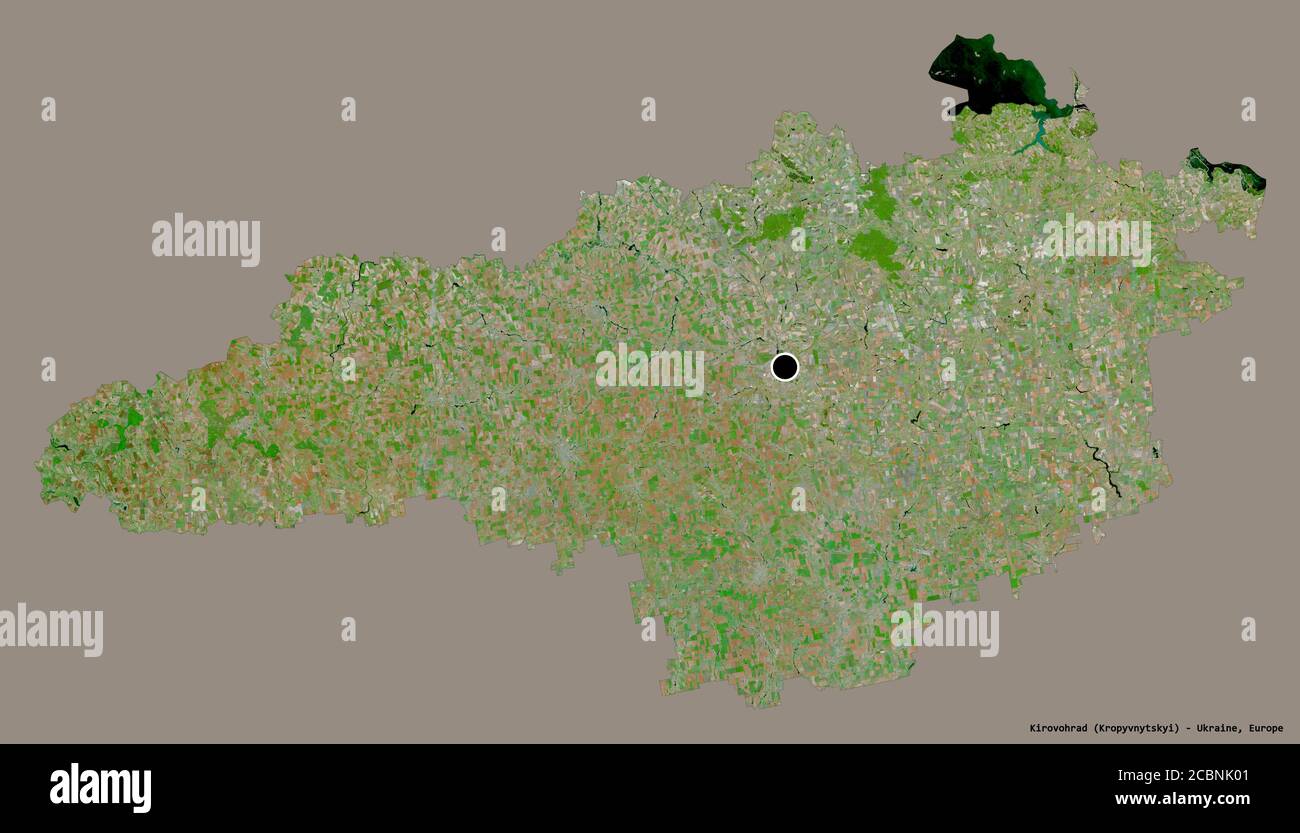 Forma di Kirovohrad, regione dell'Ucraina, con la sua capitale isolata su uno sfondo di colore pieno. Immagini satellitari. Rendering 3D Foto Stock