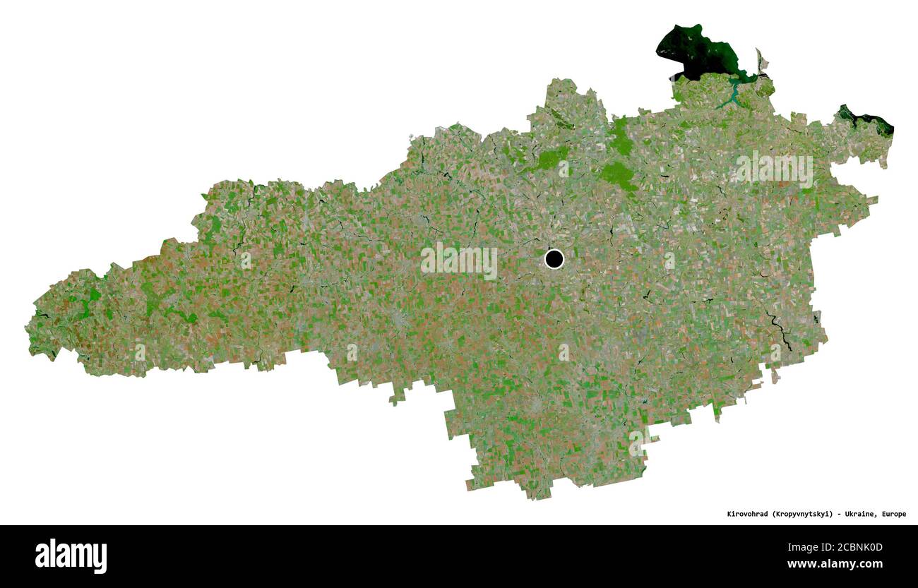 Forma di Kirovohrad, regione dell'Ucraina, con la sua capitale isolata su sfondo bianco. Immagini satellitari. Rendering 3D Foto Stock