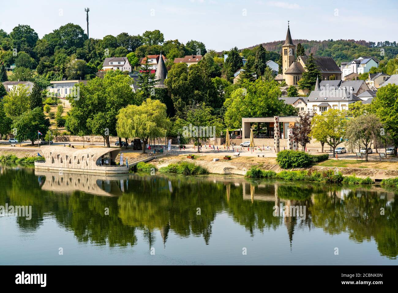 La località Schengen, sulla Mosella, nel Granducato del Lussemburgo, dove è stato firmato l'accordo di Schengen del 1985; Foto Stock
