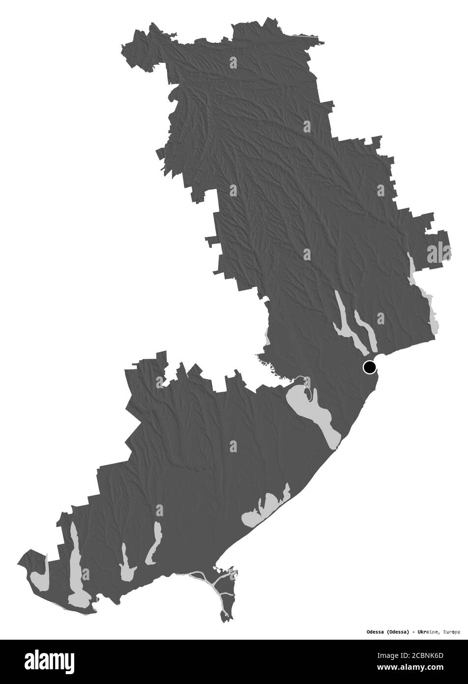 Forma di Odessa, regione dell'Ucraina, con la sua capitale isolata su sfondo bianco. Mappa elevazione bilivello. Rendering 3D Foto Stock