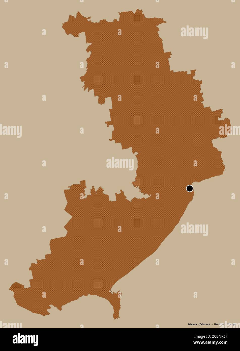 Forma di Odessa, regione dell'Ucraina, con la sua capitale isolata su uno sfondo di colore solido. Composizione di texture con motivi. Rendering 3D Foto Stock