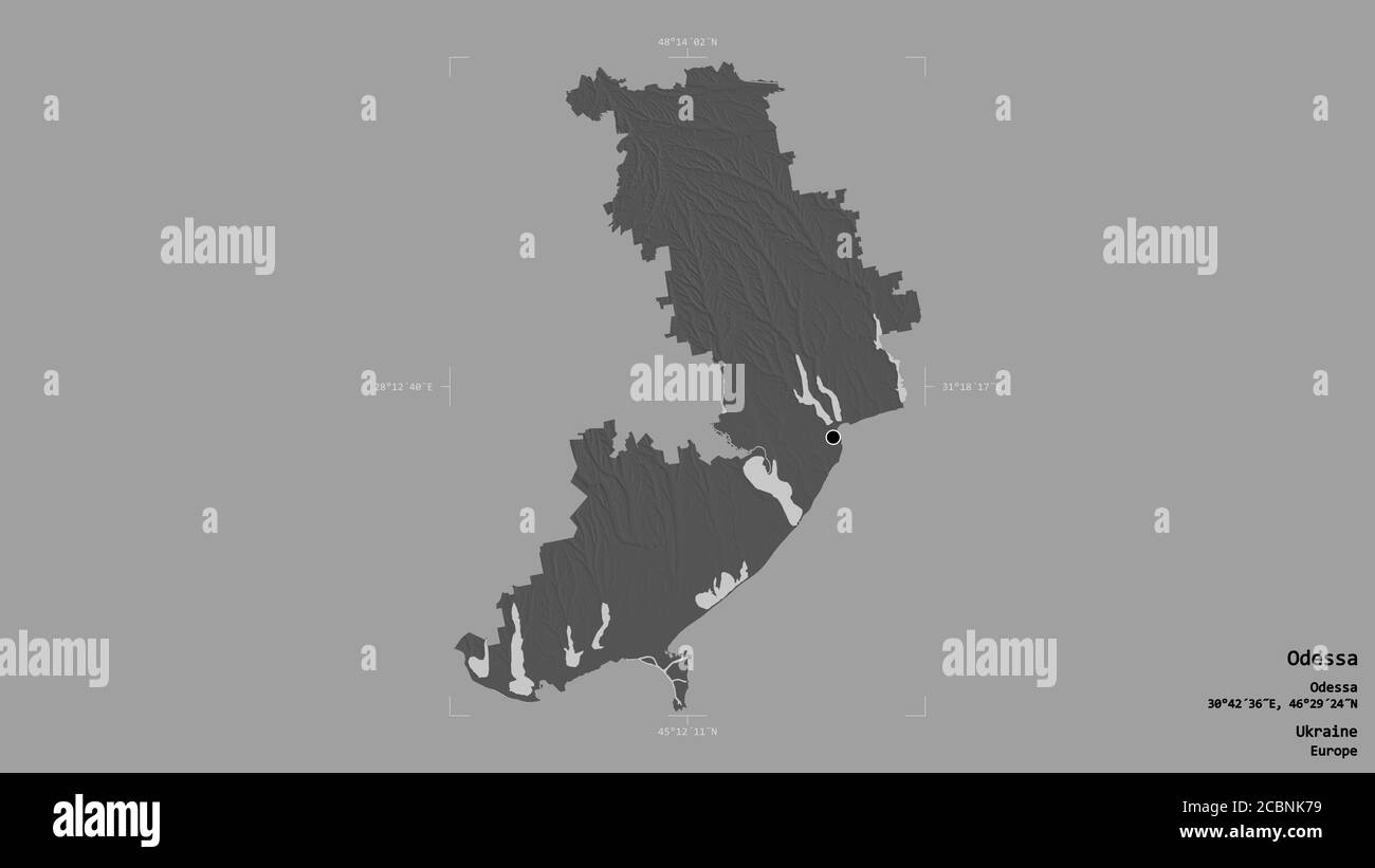 Area di Odessa, regione dell'Ucraina, isolata su uno sfondo solido in una scatola di delimitazione georeferenziata. Etichette. Mappa elevazione bilivello. Rendering 3D Foto Stock