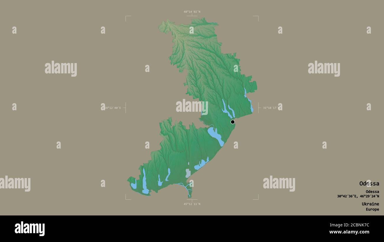 Area di Odessa, regione dell'Ucraina, isolata su uno sfondo solido in una scatola di delimitazione georeferenziata. Etichette. Mappa di rilievo topografico. Rendering 3D Foto Stock