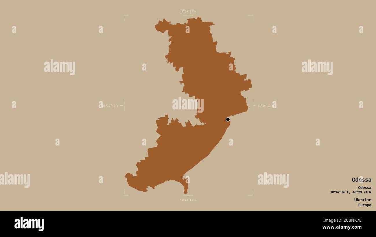 Area di Odessa, regione dell'Ucraina, isolata su uno sfondo solido in una scatola di delimitazione georeferenziata. Etichette. Composizione di texture con motivi. rendering 3D Foto Stock