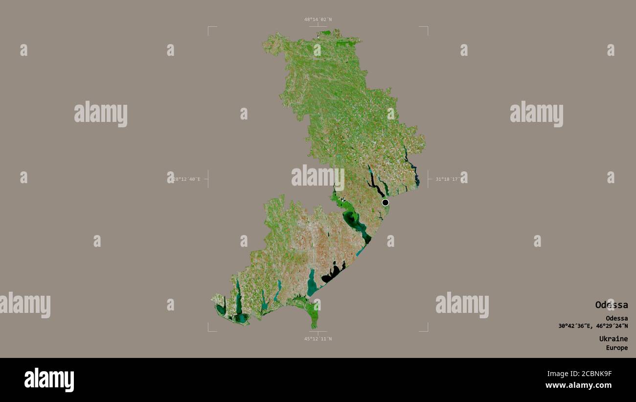 Area di Odessa, regione dell'Ucraina, isolata su uno sfondo solido in una scatola di delimitazione georeferenziata. Etichette. Immagini satellitari. Rendering 3D Foto Stock