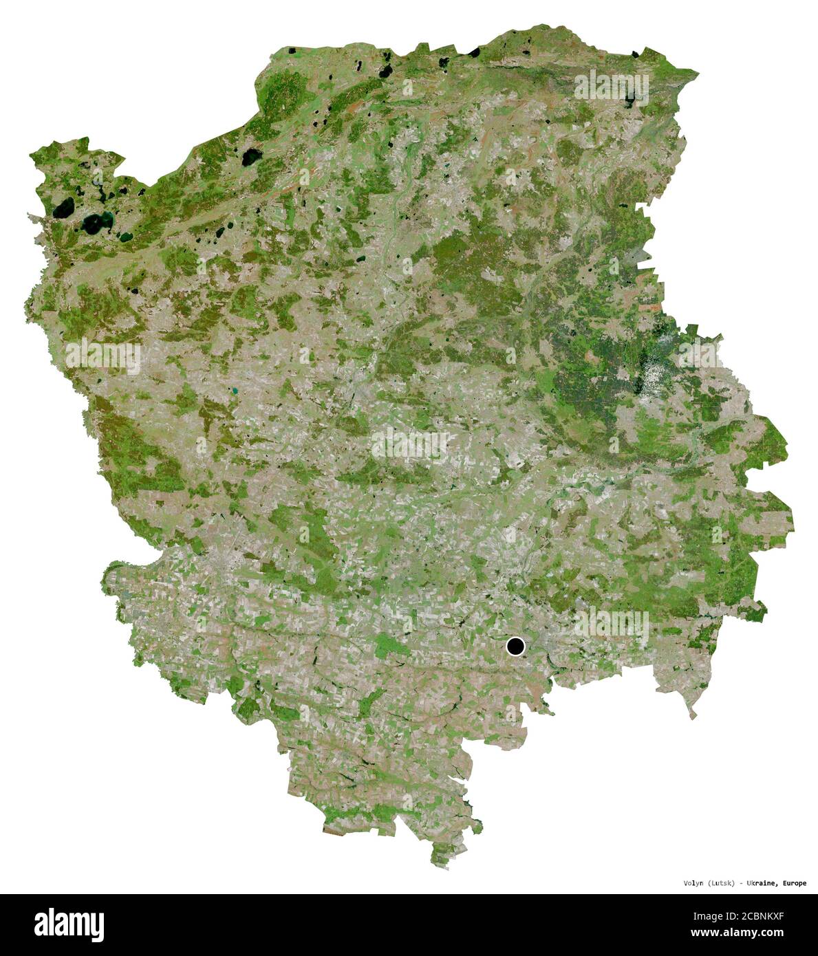 Forma di Volyn, regione dell'Ucraina, con la sua capitale isolata su sfondo bianco. Immagini satellitari. Rendering 3D Foto Stock