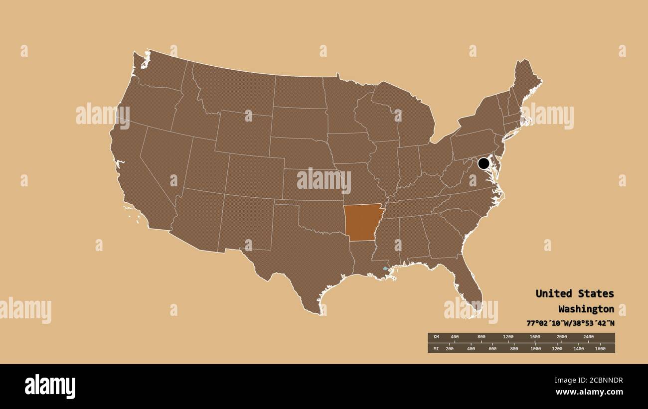 Forma desaturata degli Stati Uniti della terra con la relativa capitale, la divisione regionale principale e l'area separata dell'Arkansas. Etichette. Composizione di modellato Foto Stock