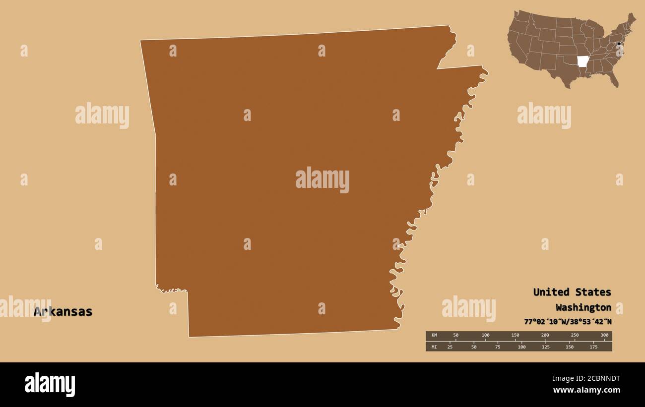 Forma dell'Arkansas, stato della terraferma degli Stati Uniti, con la sua capitale isolata su solido sfondo. Scala della distanza, anteprima della regione ed etichette. Composiz Foto Stock