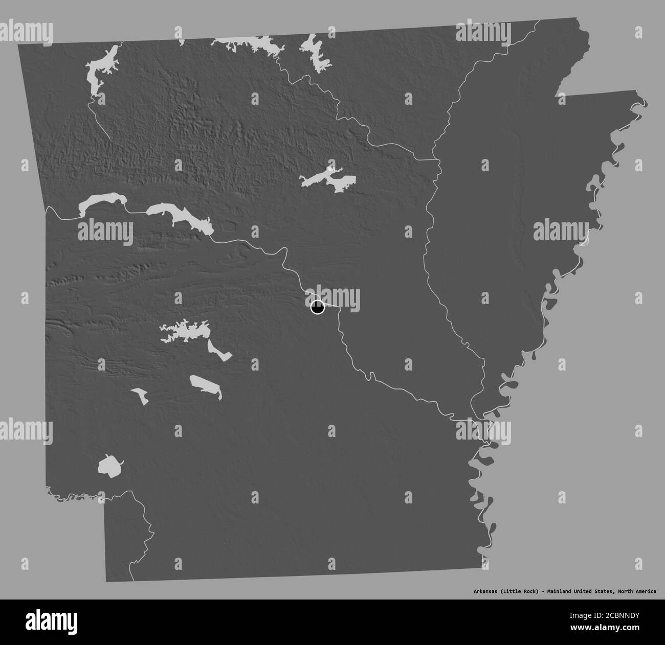 Forma dell'Arkansas, stato della terraferma degli Stati Uniti, con la sua capitale isolata su uno sfondo di colore solido. Mappa elevazione bilivello. Rendering 3D Foto Stock