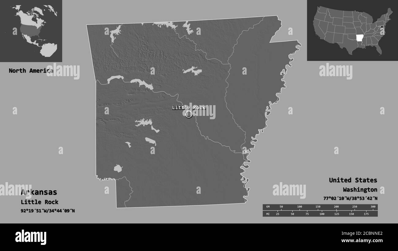 Forma dell'Arkansas, stato degli Stati Uniti della terraferma, e la sua capitale. Scala della distanza, anteprime ed etichette. Mappa elevazione bilivello. Rendering 3D Foto Stock