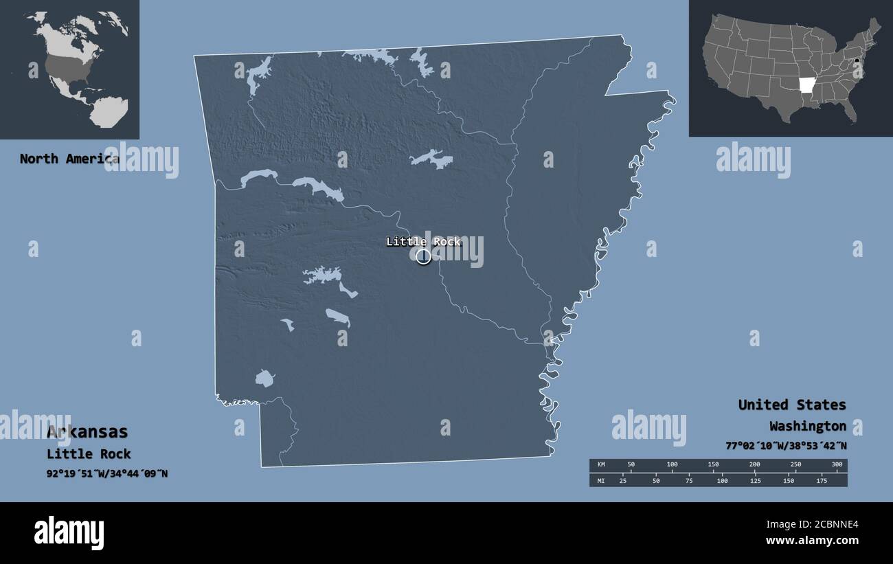 Forma dell'Arkansas, stato degli Stati Uniti della terraferma, e la sua capitale. Scala della distanza, anteprime ed etichette. Mappa di elevazione colorata. Rendering 3D Foto Stock
